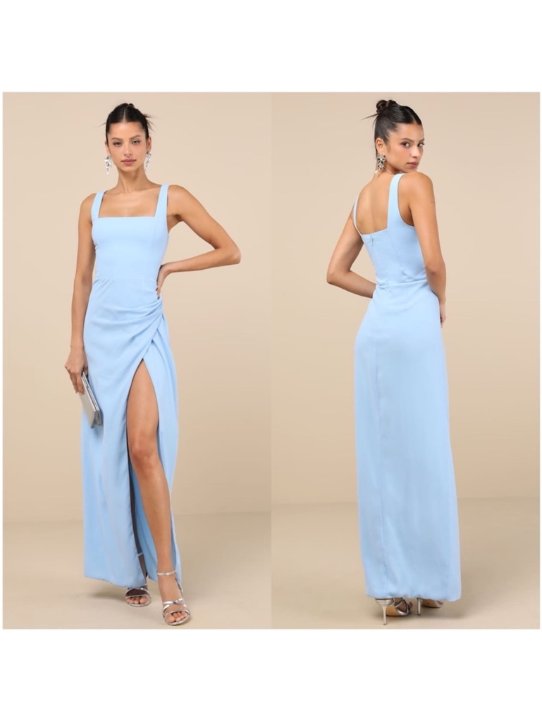 Nwt - Lulus Glamorous Disposition Light Blue Ruched Maxi Dress *Spring Pastel*